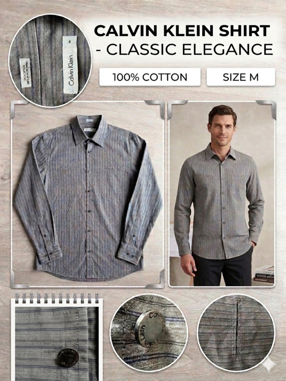Men’s Vintage-Style Calvin Klein Gray Pinstripe Long Sleeve Shirt K9